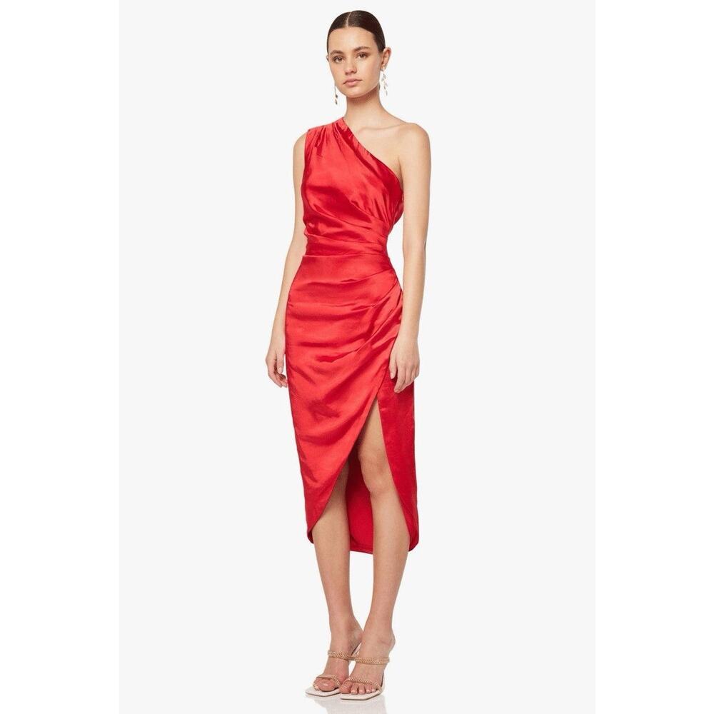 Elliatt Cassini Cocktail Dress One Shoulder Midi Satin Burgundy XS NWT New